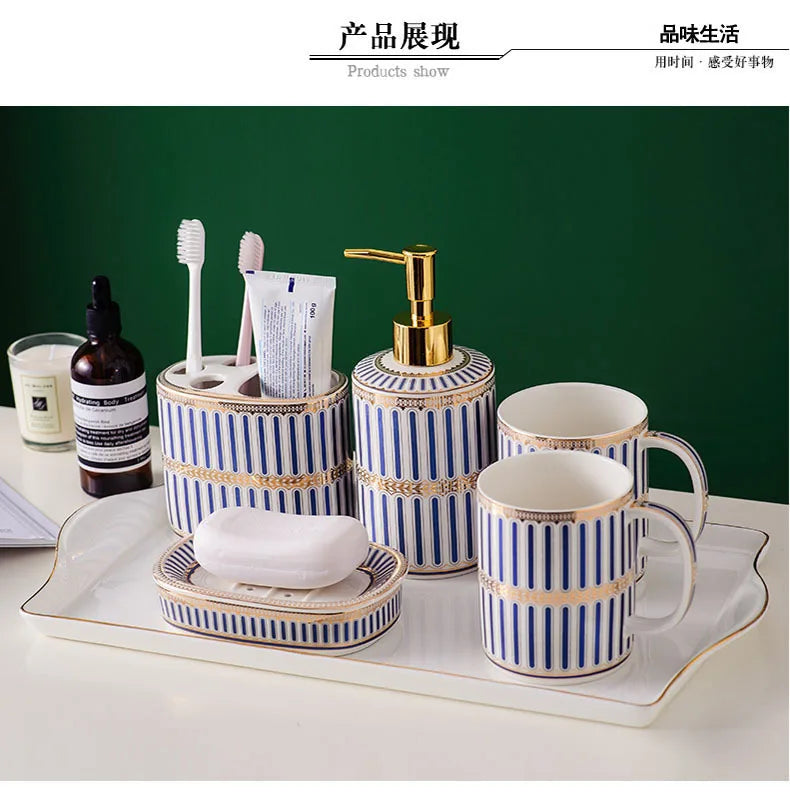 Bathroom Ceramic Five Piece Set Portable Soap Dispenser Mouthwash Cup Bathroom Accessories Set bathroom accessories set