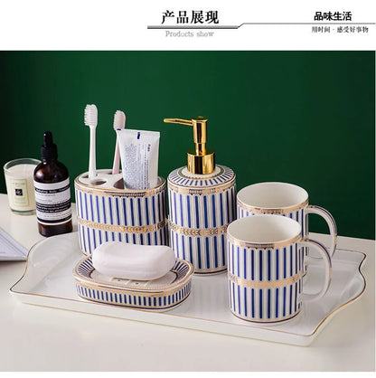 Bathroom Ceramic Five Piece Set Portable Soap Dispenser Mouthwash Cup Bathroom Accessories Set bathroom accessories set