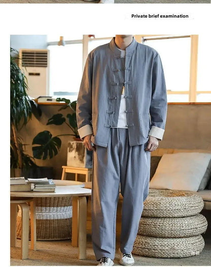 Traditional Chinese Men's Tang Suit Cotton Linen Ancient Costume Tea Servant Zen Meditation Clothing Middle Mountain Hanfu