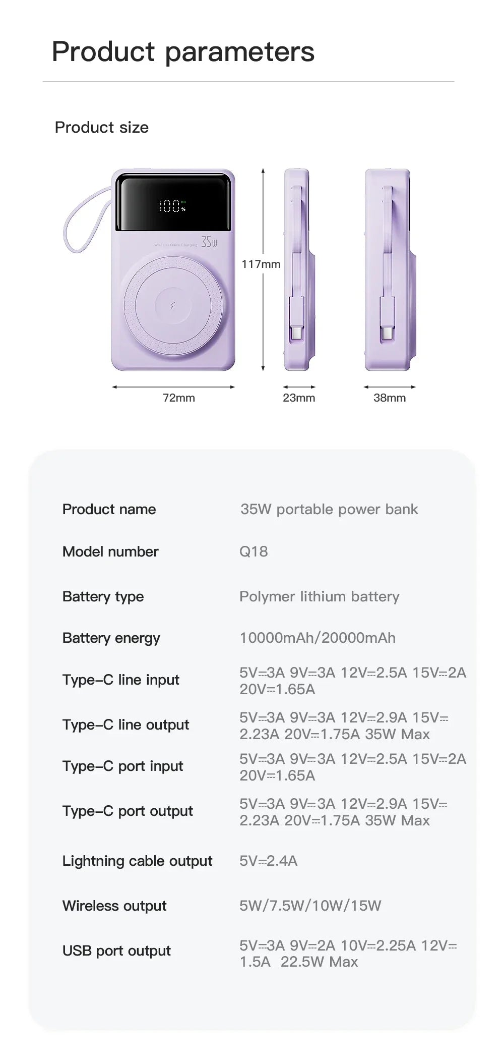 New Portable Built in Cables Magnetic Wireless Power Bank PD35W Fast Charging 20000mAh Large Capacity Powerbank for iPhone 16 15