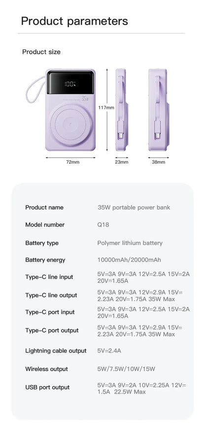 New Portable Built in Cables Magnetic Wireless Power Bank PD35W Fast Charging 20000mAh Large Capacity Powerbank for iPhone 16 15
