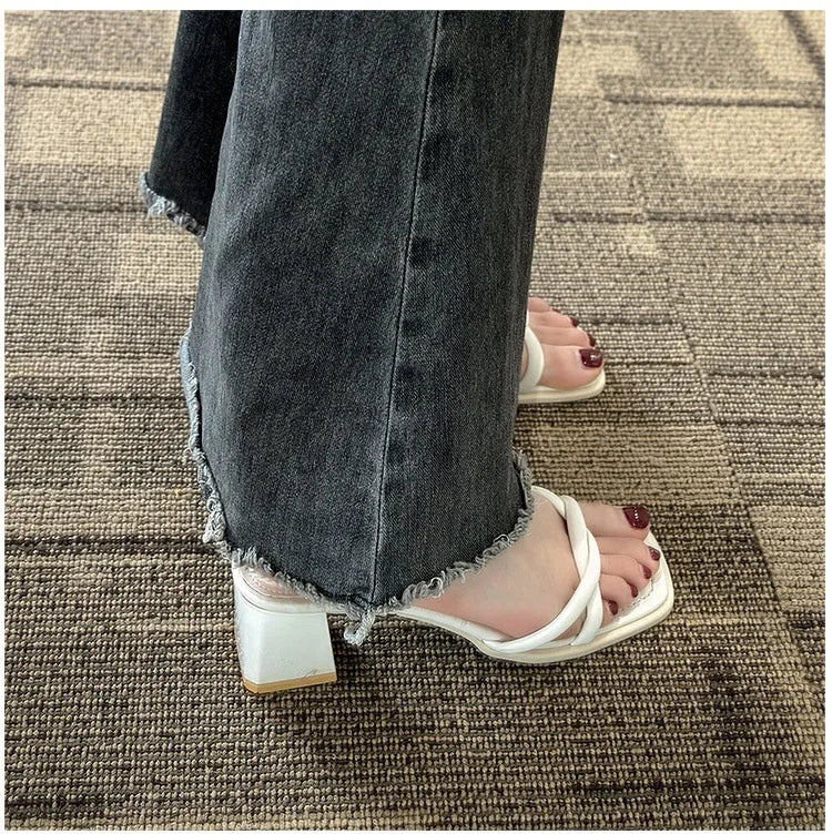 Sandals, 2024 Summer New Fashion Gentle Retro Chunky Non-slip Sandals, A Line with 5cm High Heels Summer Beach Sandals