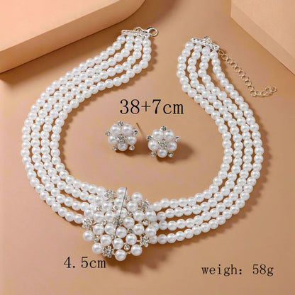 Fashion Jewelry Set Luxury Alloy Rhinestone Flower Imitation Pearl Beaded Choker Necklace And Earrings Women Wedding Accessories