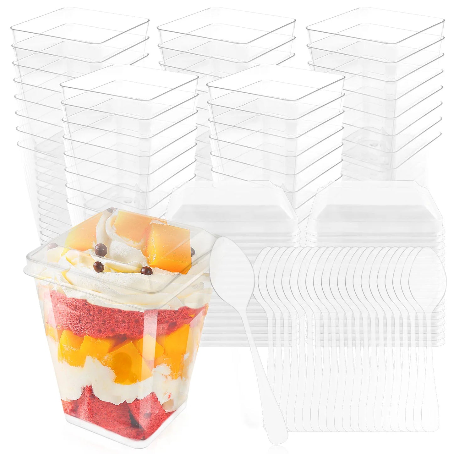 50 Pcs Dessert Cups with Lids and Spoons Clear Parfait Cups Reusable Appetizer Cups Plastic Serving Bowls Rectangle Pudding Cups
