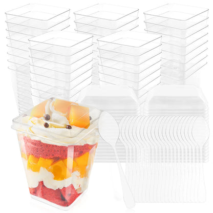50 Pcs Dessert Cups with Lids and Spoons Clear Parfait Cups Reusable Appetizer Cups Plastic Serving Bowls Rectangle Pudding Cups