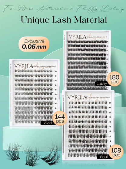 VYRILA Lash Extension Kit Wispy C Curl Lash Clusters Kit Hush 8-16mix Individual Lashes with Lash Bond and Seal Lash Tweezers