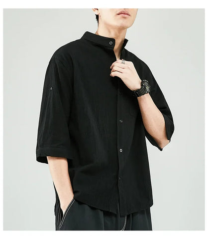 Line Shirt Men's Short-sleeved White Shirt Loose Chinese Style Summer Cotton Linen Casual Jacket Men's Quarter-sleeved Top