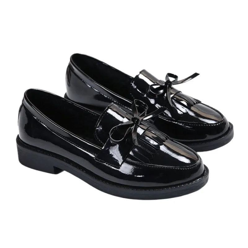 Womens Shoes Patent Leather Women Loafers British Tassel Casual Female Flat Shoes Bowknot Comfortable Small Leather Shoes