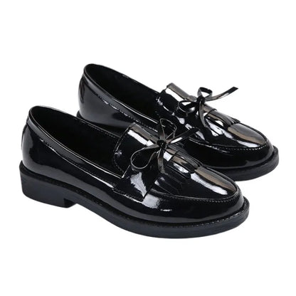 Womens Shoes Patent Leather Women Loafers British Tassel Casual Female Flat Shoes Bowknot Comfortable Small Leather Shoes