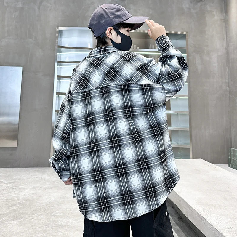 Baby Boys Shirts Fashion Classical Black White Color Plaid Blouse Gentlemen's Long Sleeve Shirt Teen Kids Tops Boys Clothes 5-14