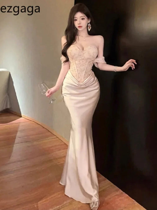 Ezgaga Women Dresses Strapless Lace Patchwork Elegant Slim Backless Temperament Slim Sexy Ladies Mermaid Dress Party Cocktail