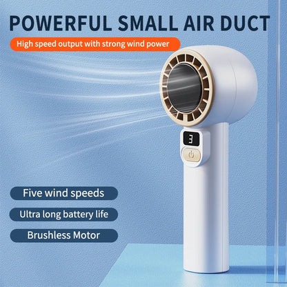 Digital display handheld fan with outdoor portability, USB rechargeable, featuring strong wind power, extended battery life.