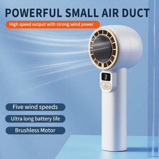Digital display handheld fan with outdoor portability, USB rechargeable, featuring strong wind power, extended battery life.
