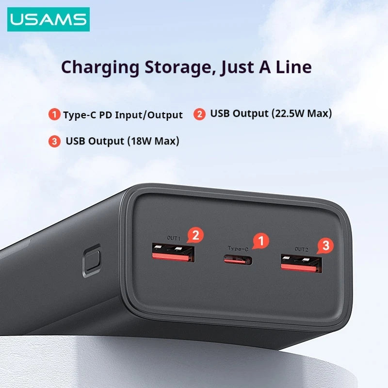 USAMS 30000mAh Power Bank 65W USB-C/A Fast Charging Portable External Battery Mobile PowerBank For iPhone16 Pro MacBook Laptop