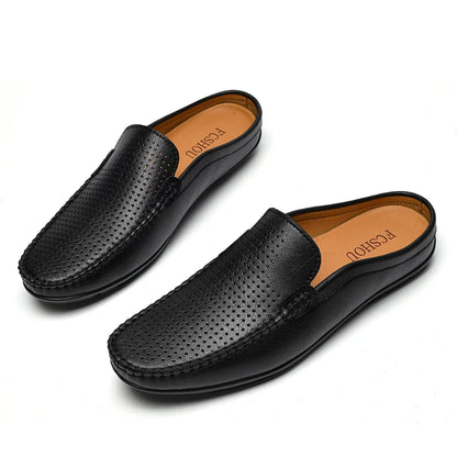 Closed Toe Half Shoes for Men Black Blue Mules Slippers Slip on Genuine Cowhide Leather Luxury Flat Sandals Man Summer 2025