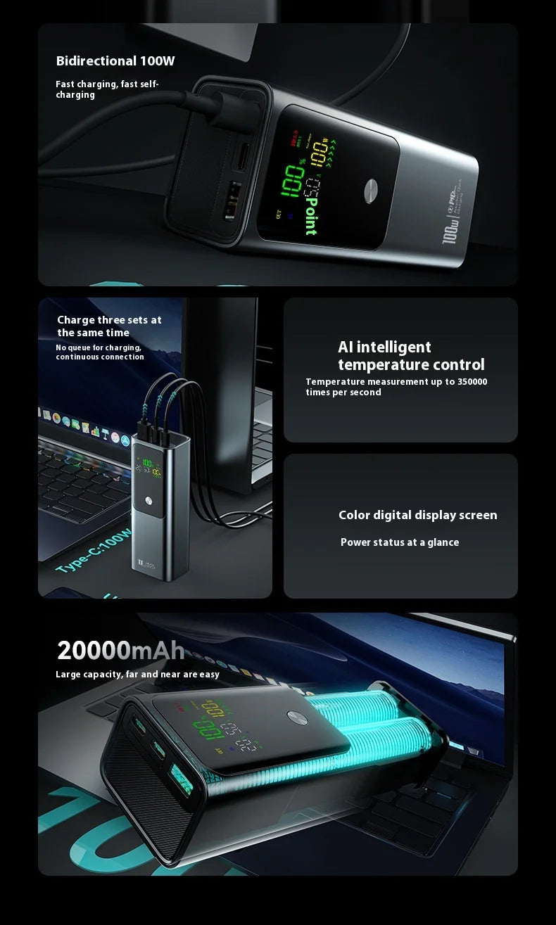 New PD100W Power Bank 30000mAh Large Capacity Two-way Fast Charging Portable Powerbank Laptop External Spare Battery for Macbook