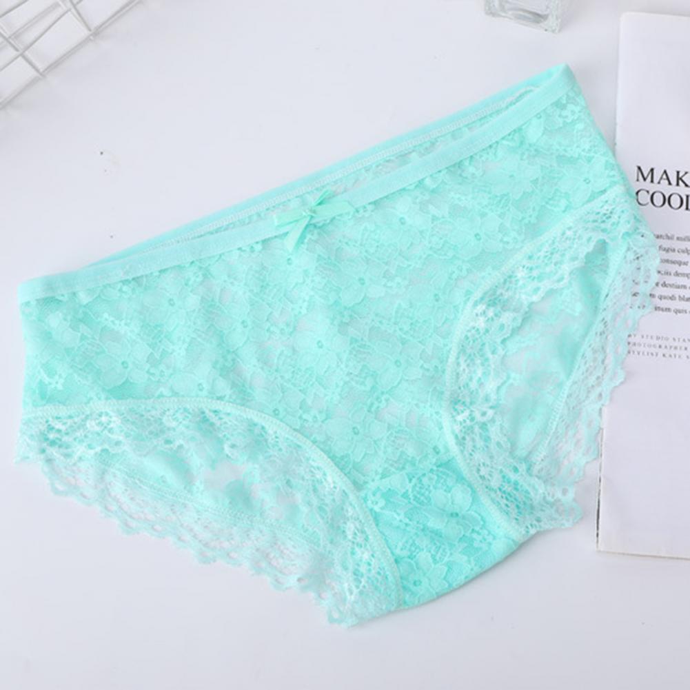 Women Panties Mid Waist Breathable Stretch Hollow Bowknot Soft See-through Lace Sexy Ladies Briefs Underpants Underwear