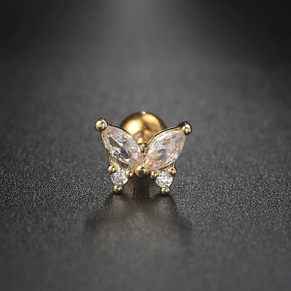 1pc Piercing Earrings Butterfly Women Jewelry Gold Color Zircon Tragus Helix Septum Cartilage Daith Stainless Steel Ear Ring