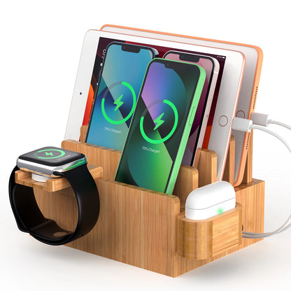 Bamboo Charging Station for Multiple Devices Desktop Docking Stations Holder for Cell Phone Tablet SmartWatch & Earbuds Stand