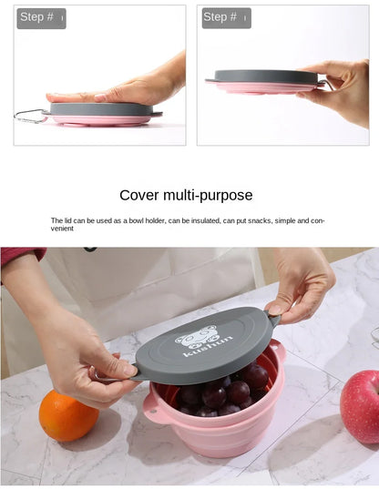 Travel Portable Silicone Folding Bowl Children's Travel Outdoor Tableware with Lid Foldable Noodle Bowl