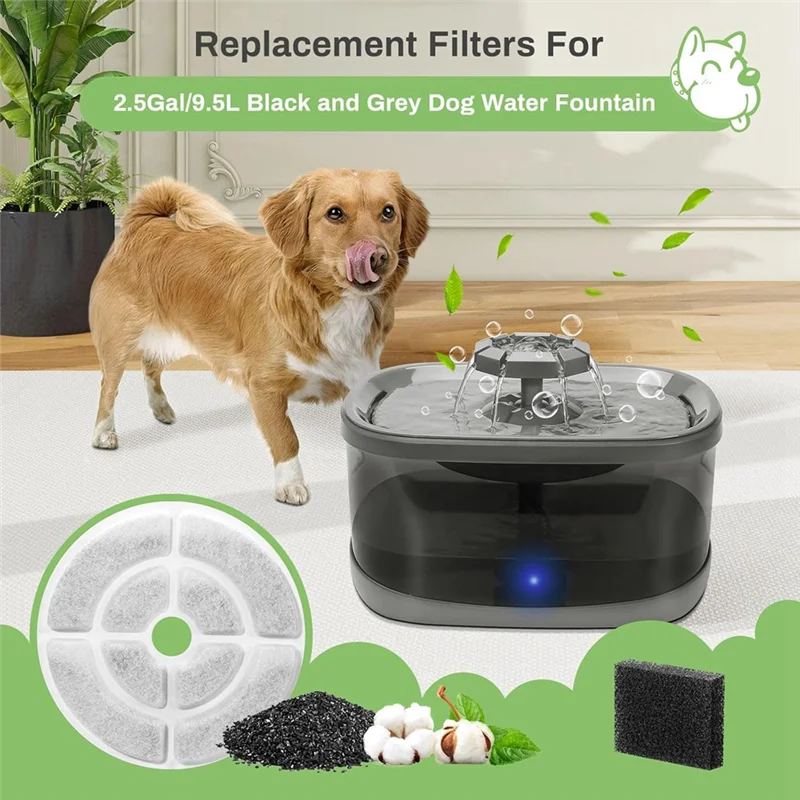 Replacement Cat Water Fountain Filters For 2.5Gal/9.5L Dog Water Fountain Activated Pet Fountain Filters And Sponges 6+6M12K