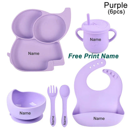Silicone Baby Feeding Set Soft Silicone Sucker Plate Bowl Elephant Plate Personalized Name Feeding Bib Apron Children's Dishes