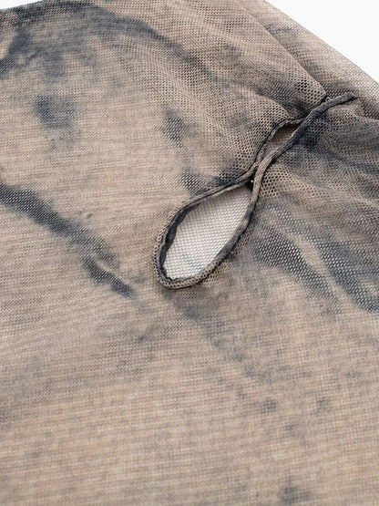 Tangada 2024 Women Print Pleated Mesh Dress Long Sleeve Sexy Famle Stand Collar Maxi Dresses 3H406