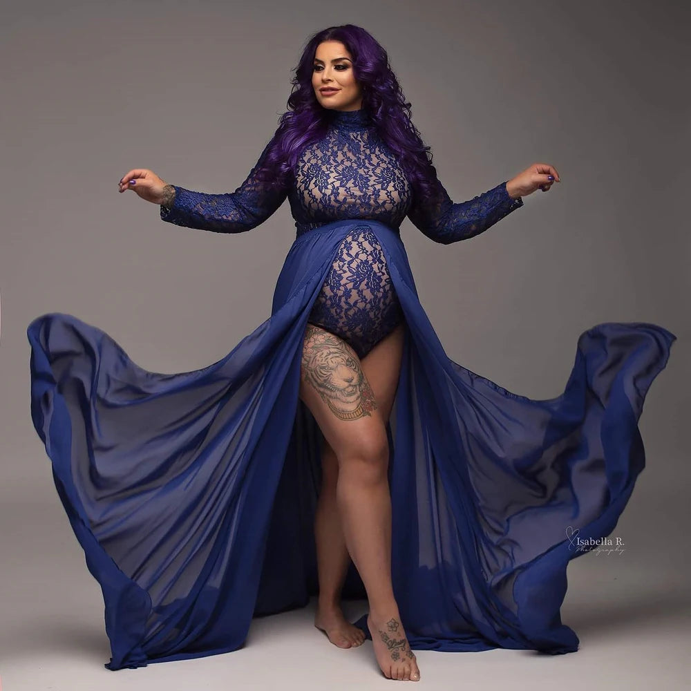 Maternity Photography Props Dress Stretchy Lace Bodysuit Removable Chiffon Sides Slit Skirt For Photo Shoot Pregnant Accessories