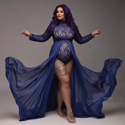 Maternity Photography Props Dress Stretchy Lace Bodysuit Removable Chiffon Sides Slit Skirt For Photo Shoot Pregnant Accessories