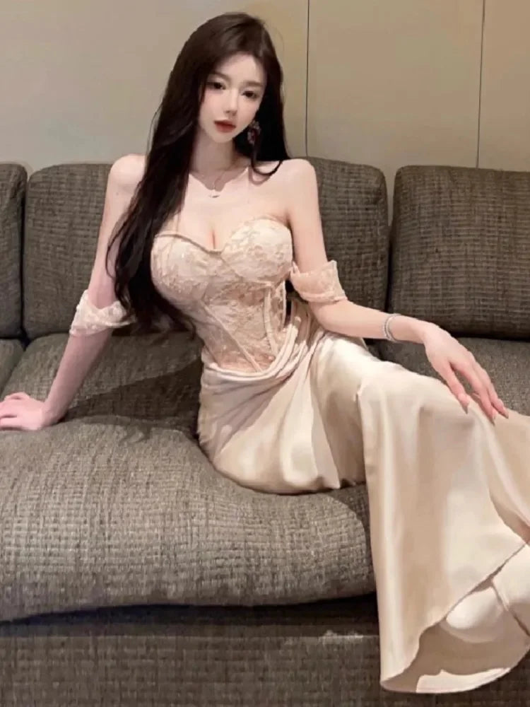 Ezgaga Women Dresses Strapless Lace Patchwork Elegant Slim Backless Temperament Slim Sexy Ladies Mermaid Dress Party Cocktail