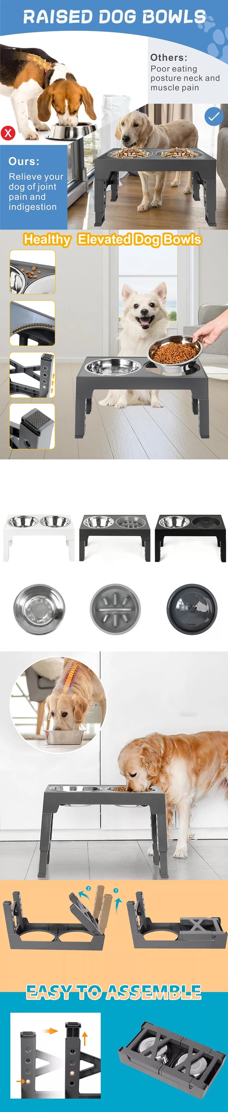 Elevated Dog Feeder with Adjustable Raised Stand, Slow Food Bowl, Water Feeders for Large and Medium Dogs