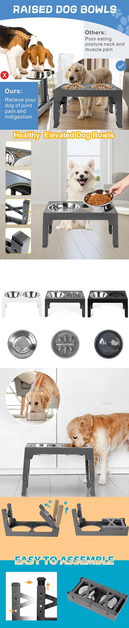 Elevated Dog Feeder with Adjustable Raised Stand, Slow Food Bowl, Water Feeders for Large and Medium Dogs