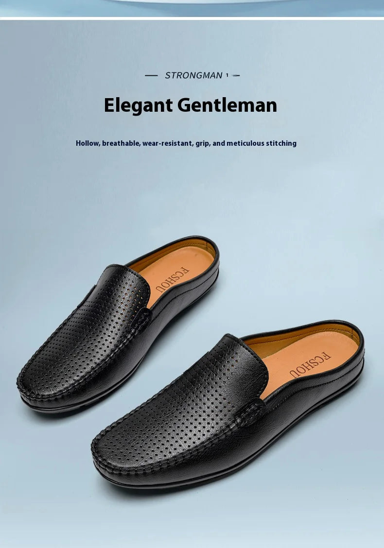 Closed Toe Half Shoes for Men Black Blue Mules Slippers Slip on Genuine Cowhide Leather Luxury Flat Sandals Man Summer 2025