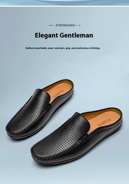 Closed Toe Half Shoes for Men Black Blue Mules Slippers Slip on Genuine Cowhide Leather Luxury Flat Sandals Man Summer 2025