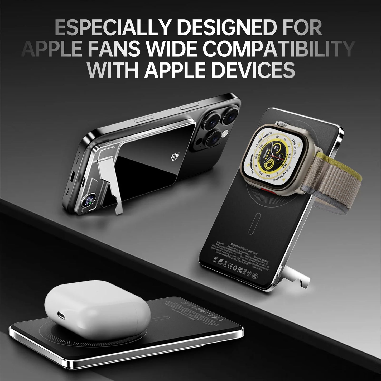 Portable Charger Powerbank With Cable PD20W Power Bank Wireless 15W With Phone Holder LED Display Mobile Phone Backup Battery