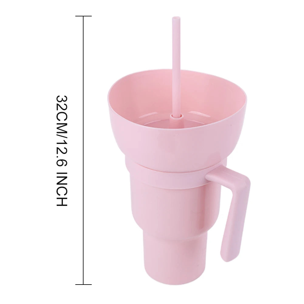 1000ml Snack Bowl Drink Cup with Straw 2 In 1 Stadium Tumbler Splash Proof Leakproof Popcorn Beverage Cup for Cinema Travel