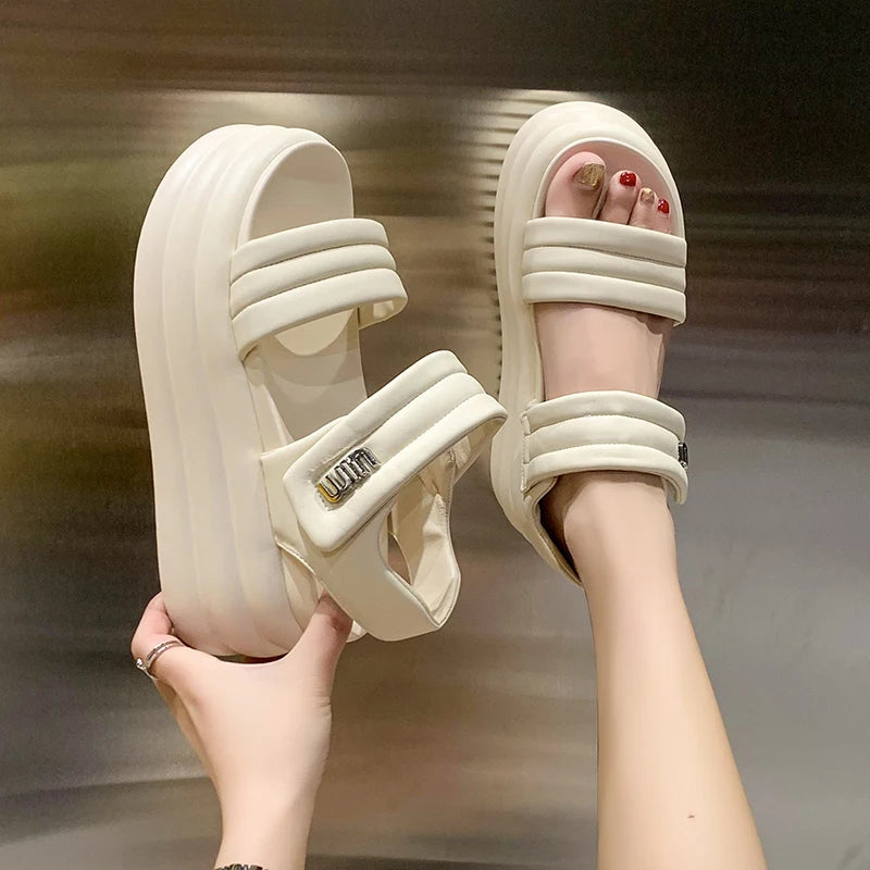 2025 Summer Women Chunky Sandals Leather High Platform Trainers Breathable Casual Slippers Shoes Woman 8.5CM Heels Wedge Sneaker