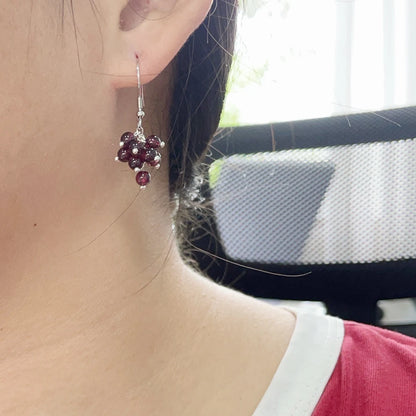 Cute Cluster Natrual Garnet Beads Dark Red Grape 925 Sterling Silver Hook Drop Dangle Earrings For Women Girls Jewelry Handmade