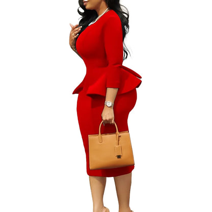 Elegant Office Dresses for Woman O Neck Full Sleeve Sheath Ruffles Package Hips Mid Calf Professional Business Work Dress Midi
