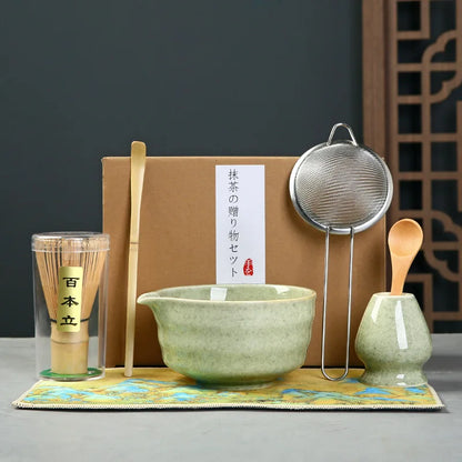 Matcha Set Kit Japanese Ceremony Green/Pink/White With Bamboo Spoon/Scoop, Whisk Holder, Matcha Bowl Matcha Gift Set