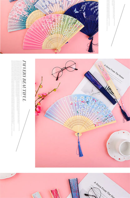 Bamboo Folding Fan Silk Chinese Fan Hand Women Black Fan Summer Female Dance Home Decoration Party Gift Home Ornament Fan Black