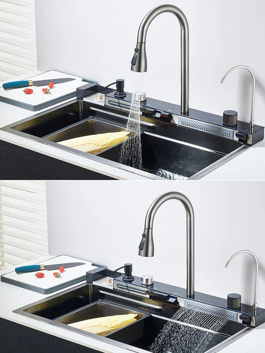 304 Stainless Steel Waterfall Kitchen Sink Large Single Slot Integrated Digital Display Faucet Set Soap Dispenser Cup Washer