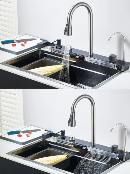 304 Stainless Steel Waterfall Kitchen Sink Large Single Slot Integrated Digital Display Faucet Set Soap Dispenser Cup Washer