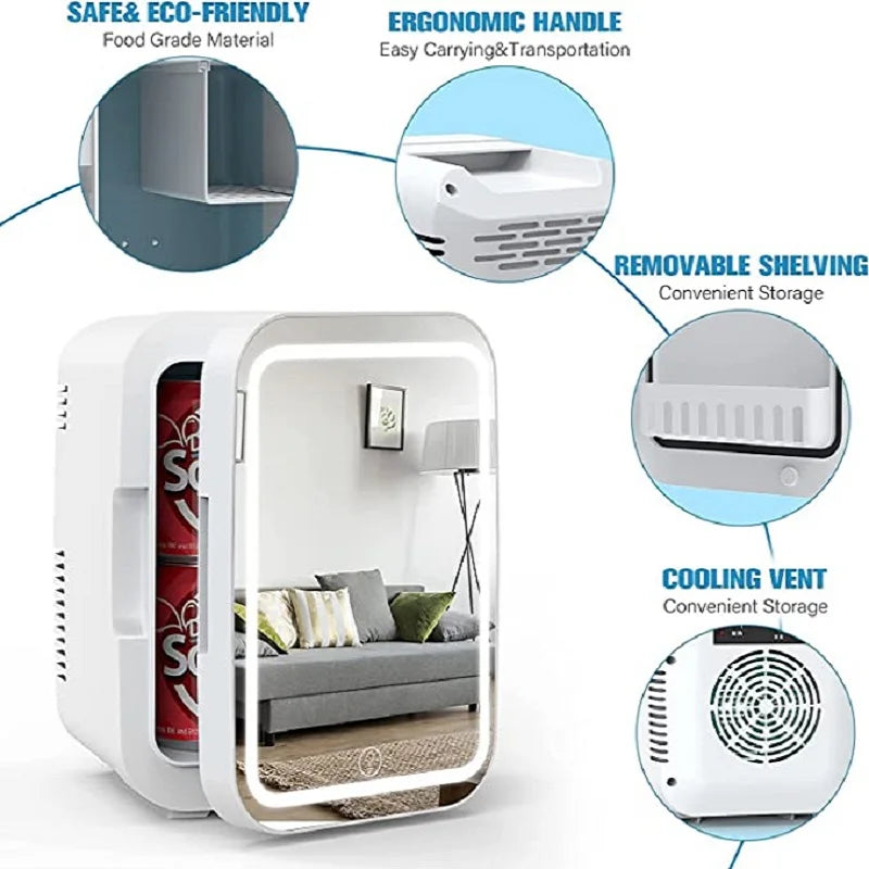 8L Mini Skincare Fridge with LED Mirror - 3-in-1 Portable Cooler & Warmer for Makeup, Face Masks, Perfumes (Home/Office/Car
