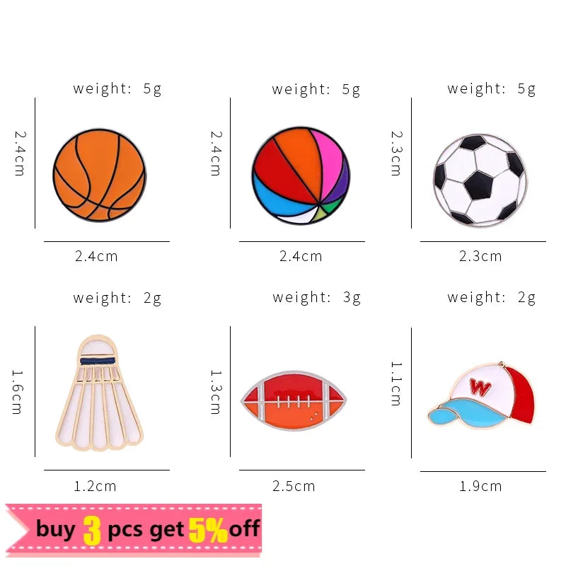 Sports Balls Enamel Pins Boy Students Football Soccer Beach Ball Athletics Brooch Pins Jackets Skirt Badge Jewelry Friends Gifts