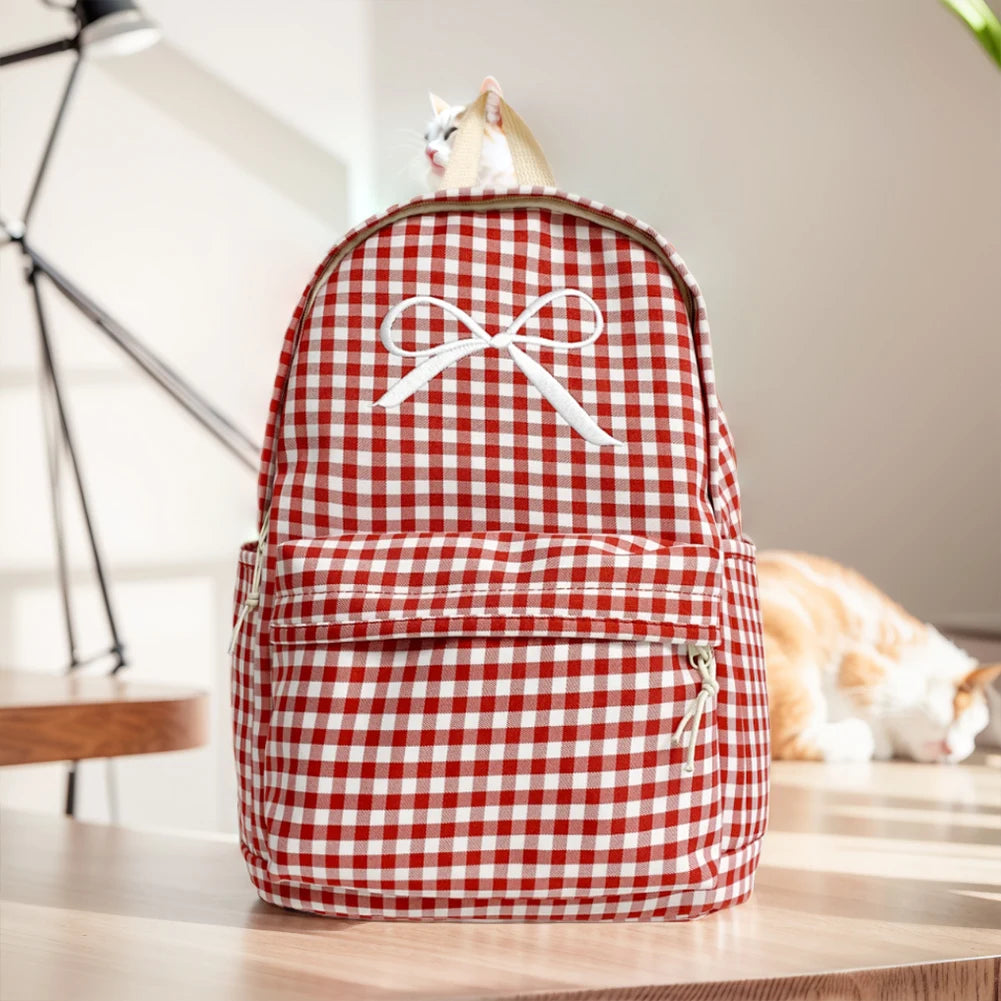 Cute Bowknot Plaid School Backpack Lightweight School Bag Nylon Student Rucksack for Girls Women High School College Work