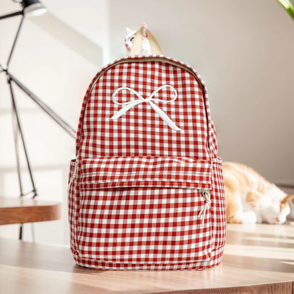 Cute Bowknot Plaid School Backpack Lightweight School Bag Nylon Student Rucksack for Girls Women High School College Work