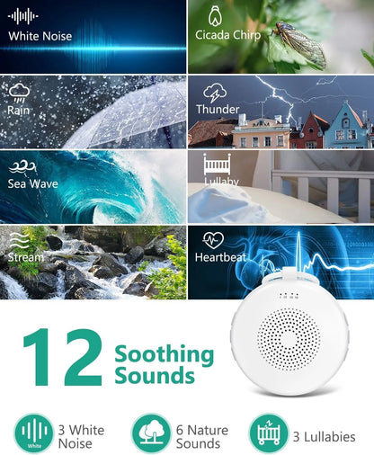 1000mAh USB Rechargeable White Noise Machine with Night Light, 12 Soothing Sounds,Timer Shutdown for Baby/Adult