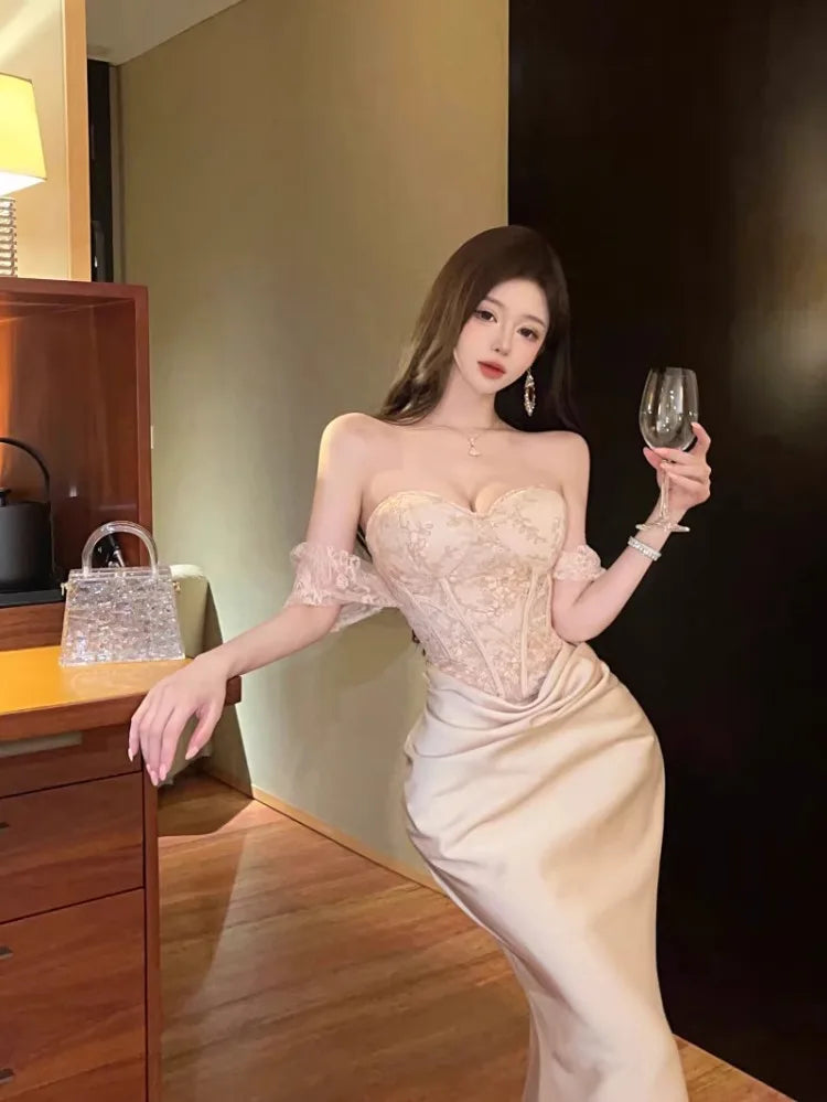 Ezgaga Women Dresses Strapless Lace Patchwork Elegant Slim Backless Temperament Slim Sexy Ladies Mermaid Dress Party Cocktail