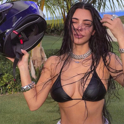 Sexy Ladies PU Beachwear Bra Tops Black Soft Bag for Triangle Swimwear Female Low Waist Suit Swimsu